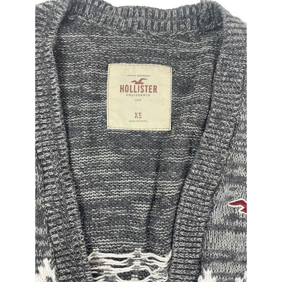 HOLLISTER Fair Isle Nordic Long Gray Button Grandpa Cardigan Sweater Cozy XS - Picture 2 of 9